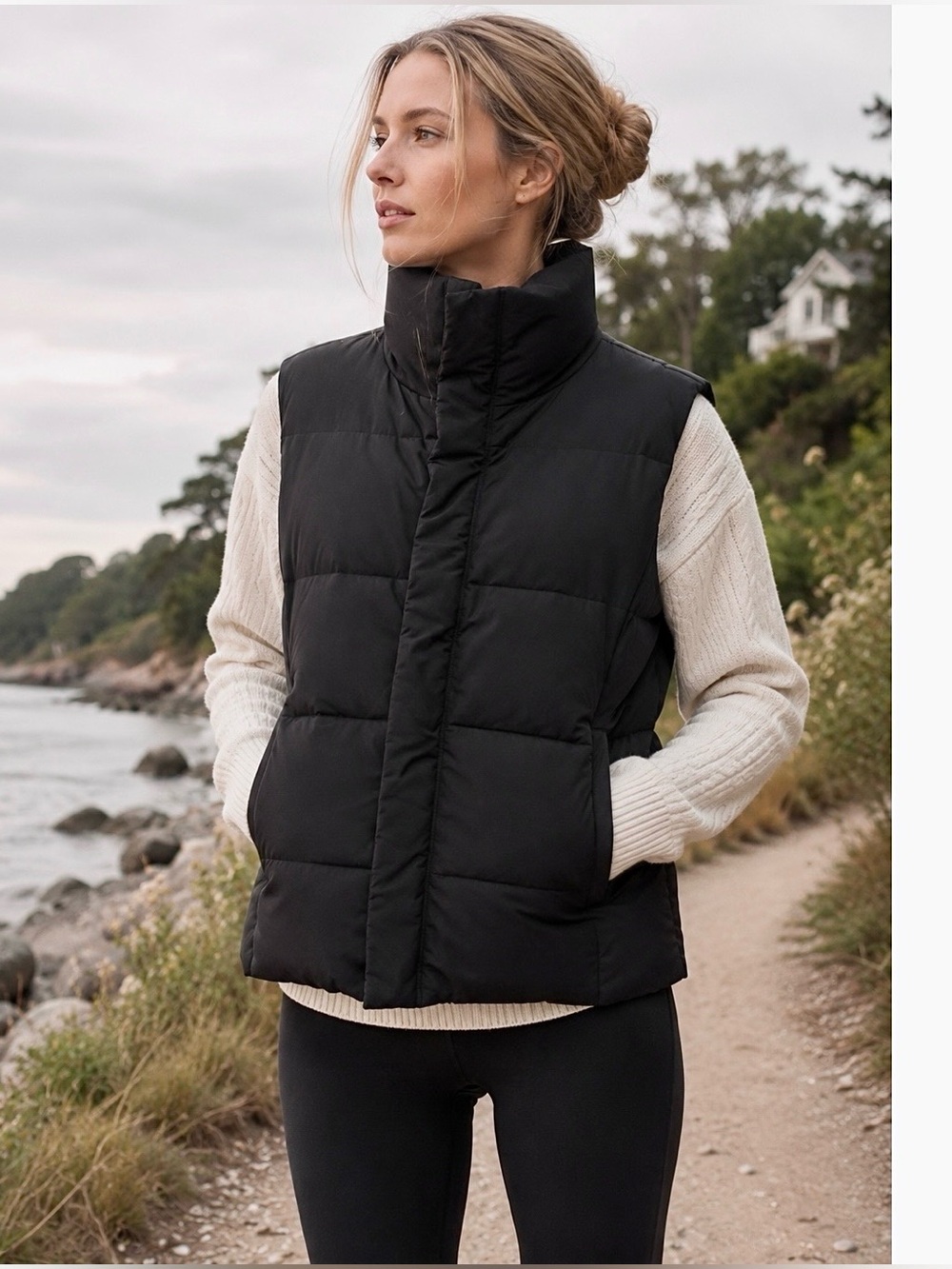 Women's True Black Quilting Down Feather Puffer Vest High Funnel Neck Collar XS